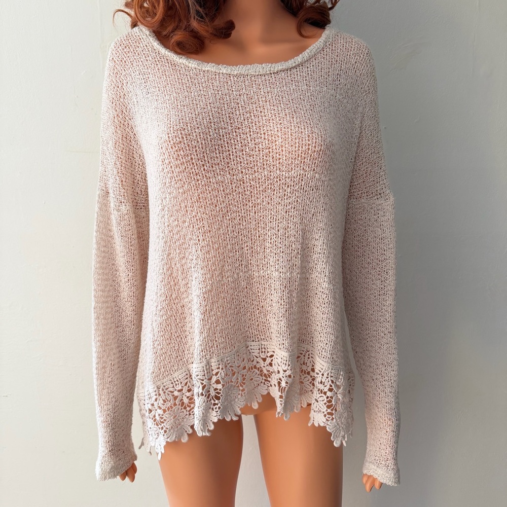Bobeau‎ White Open Knit Crochet Embroidered Stretch Oversize Tunic Festival Top